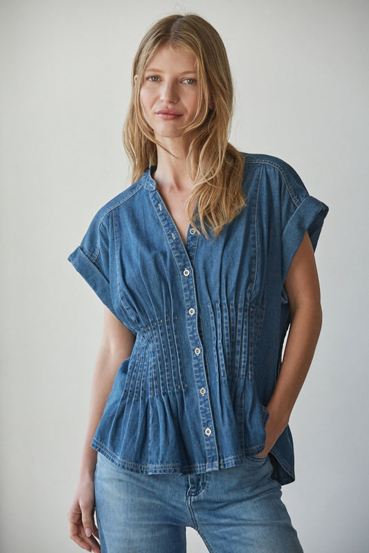 Pintuck Denim Button Up