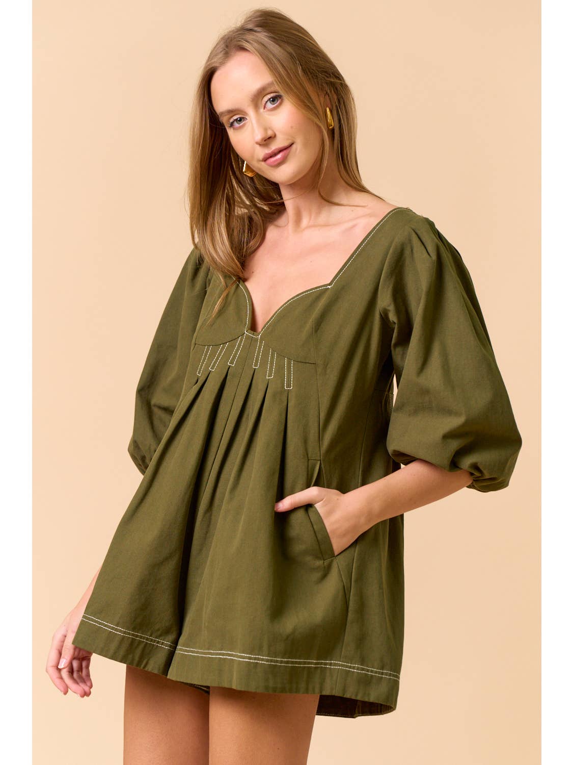 Puff Sleeve Olive Romper