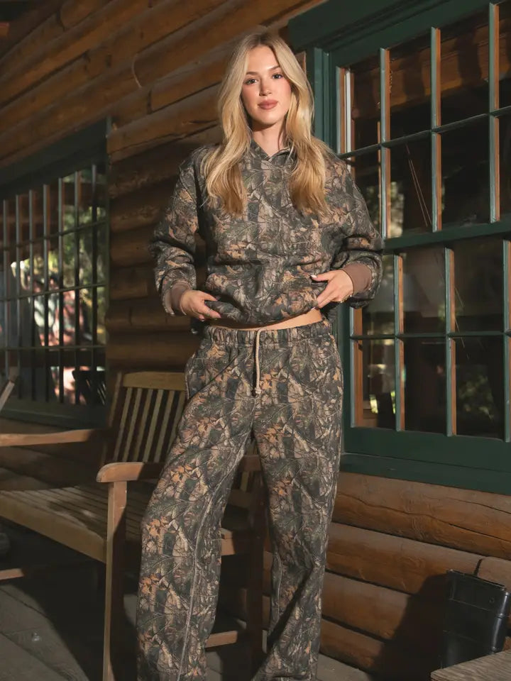 BAYOU Woodland Camo Lounge Fleece Wide Leg Sweatpants