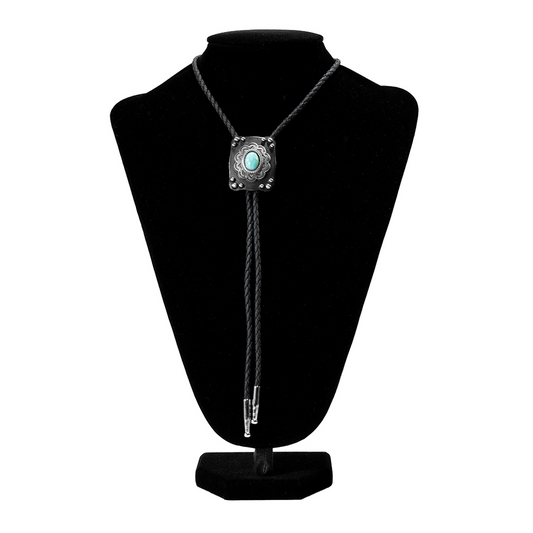 Double S Bolo Tie - Dark Antique with Turquoise Stone