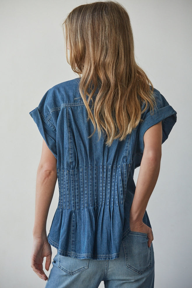 Pintuck Denim Button Up