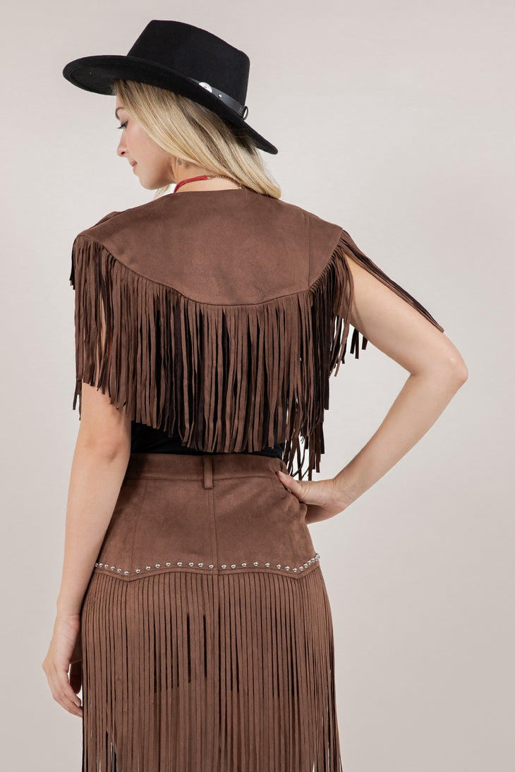 Fringe Faux Suede Shrug Brown