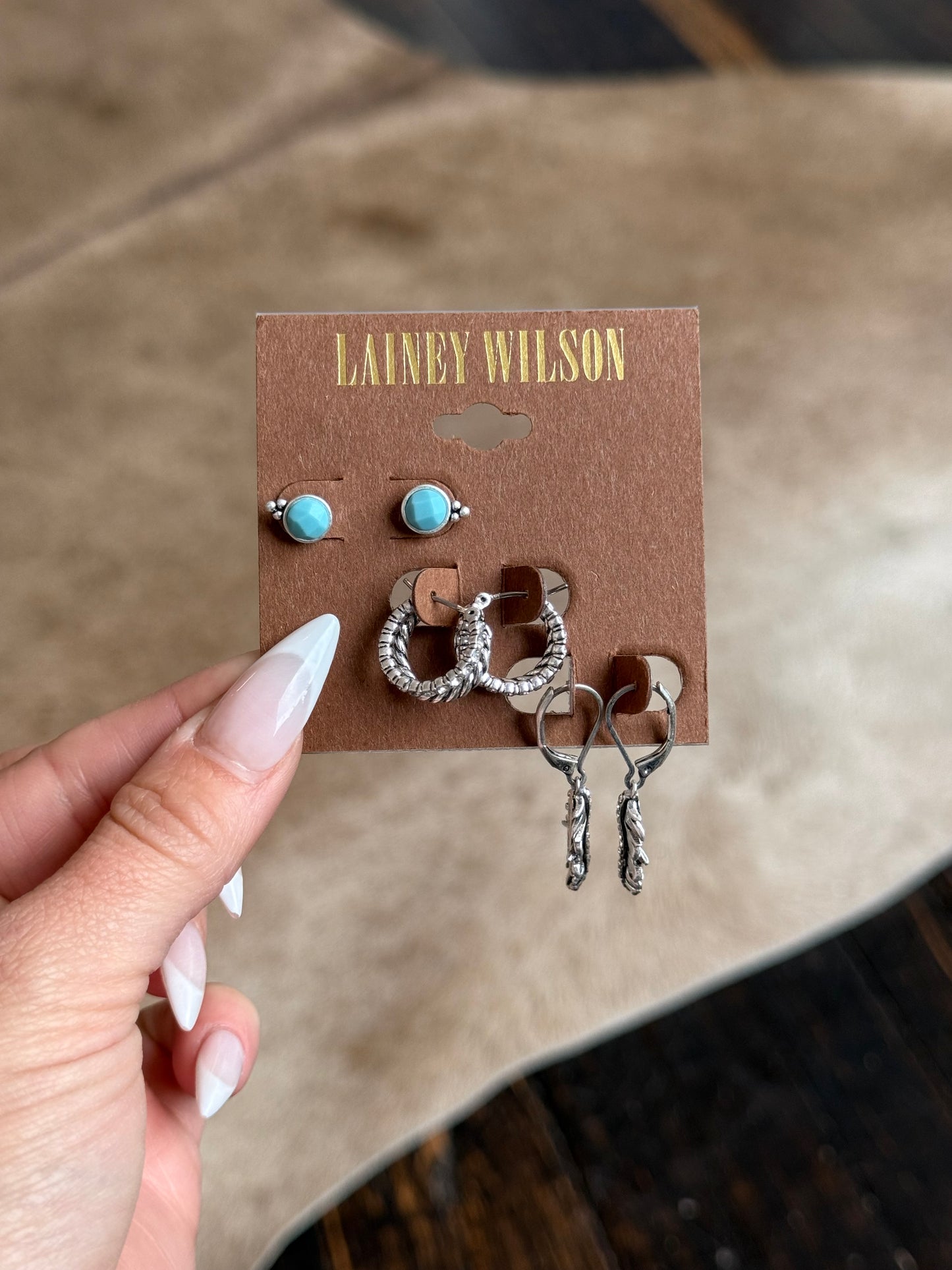 Lainey Wilson Silver Tone Turquoise Tone Feather Trio Earring Set