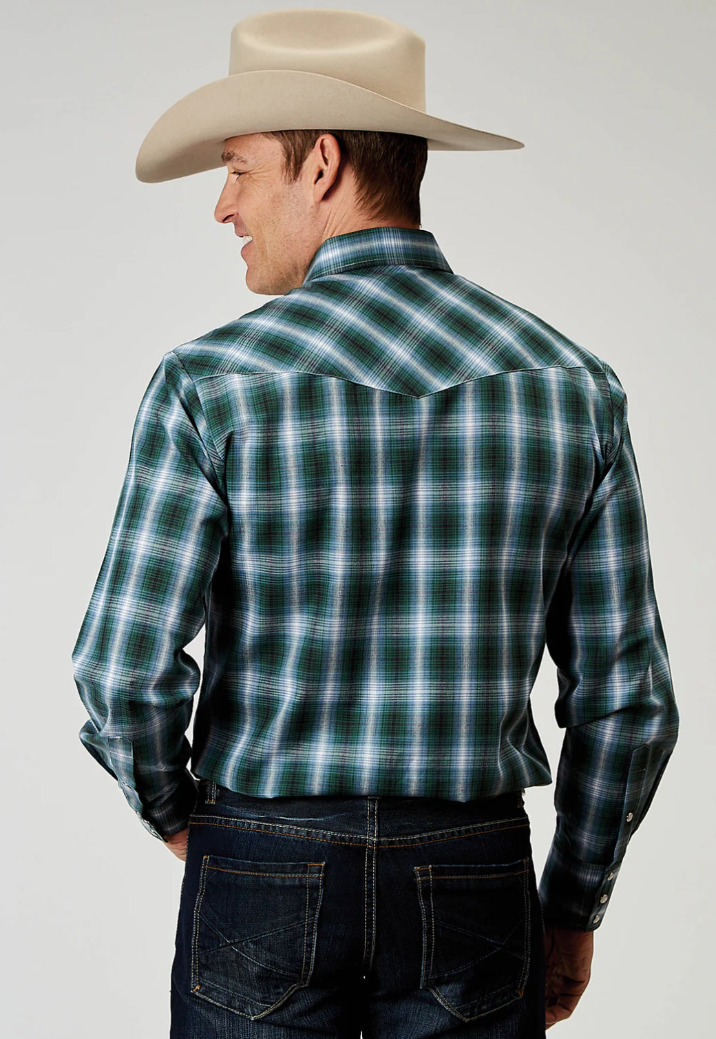 MENS LONG SLEEVE SNAP OCEAN PLAID WESTERN SHIRT