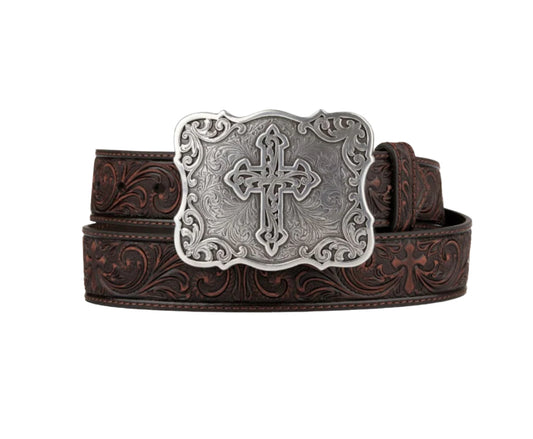 Women’s Tooled Floral and Cross Leather Belt