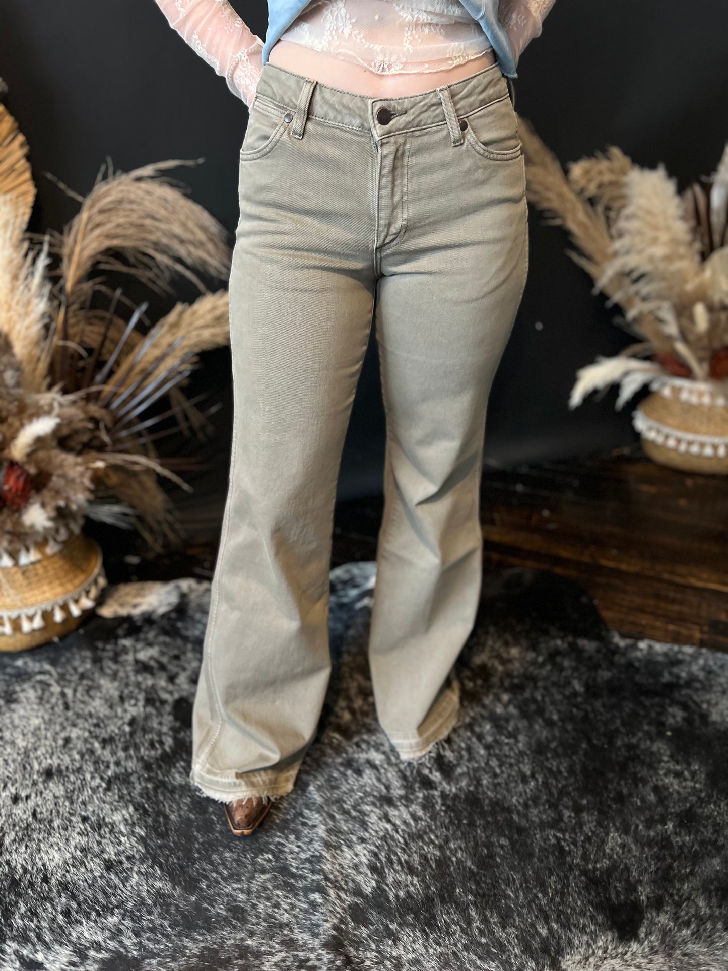 Carly Olive Fray Hem Flare Women's Jeans