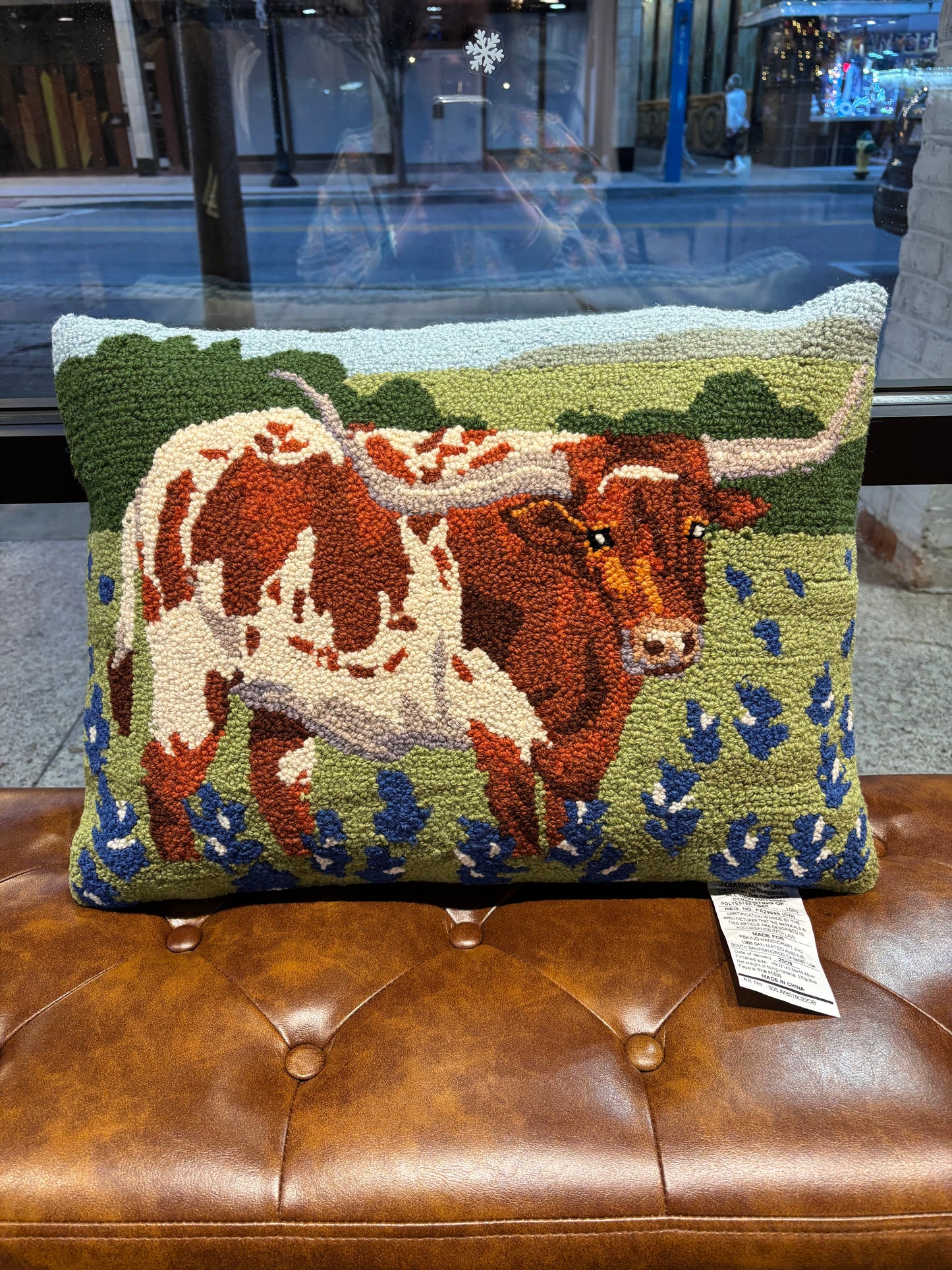 Longhorn in Blue Bonnets Field Hook Pillow