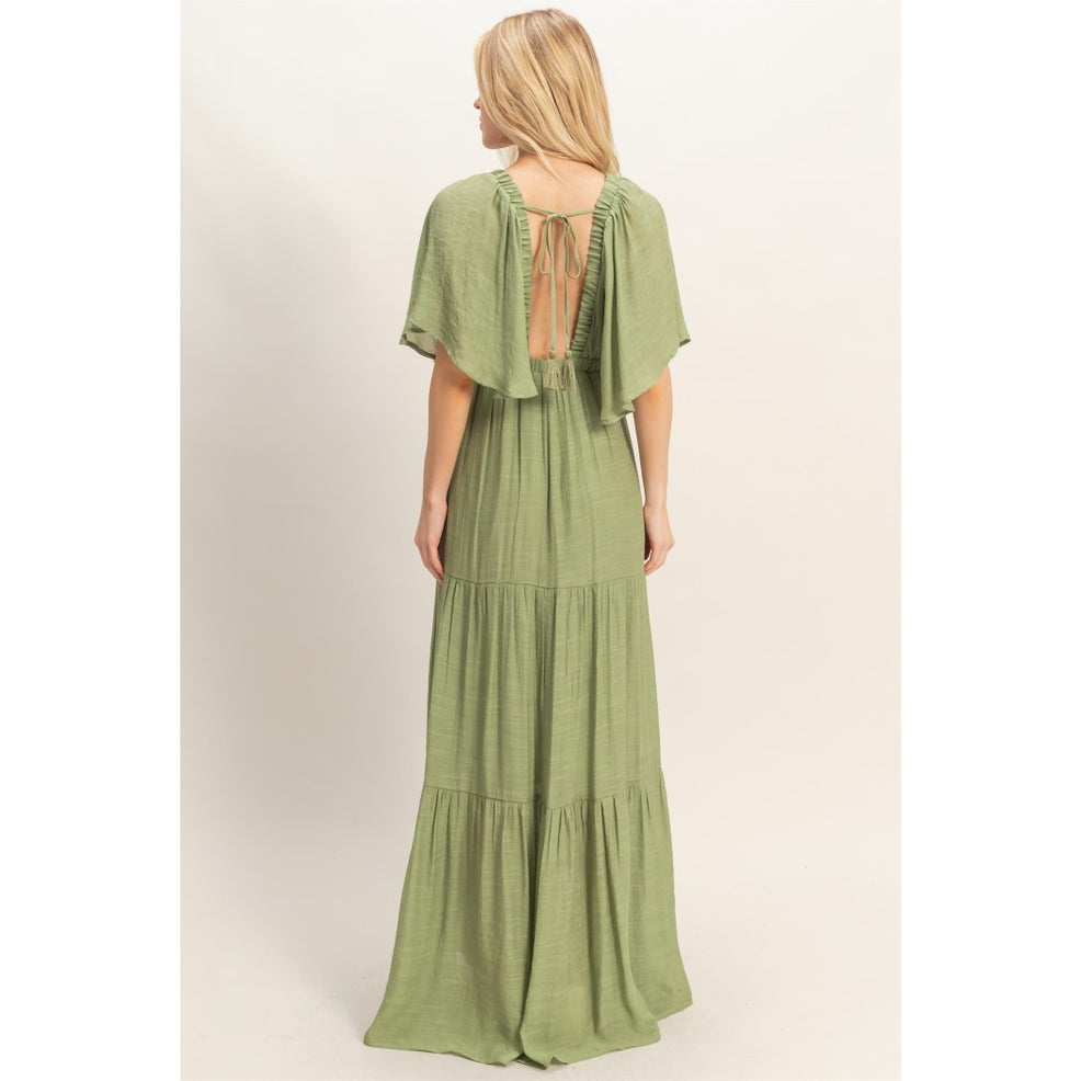 Flutter Sleeve Olive Maxi Dress