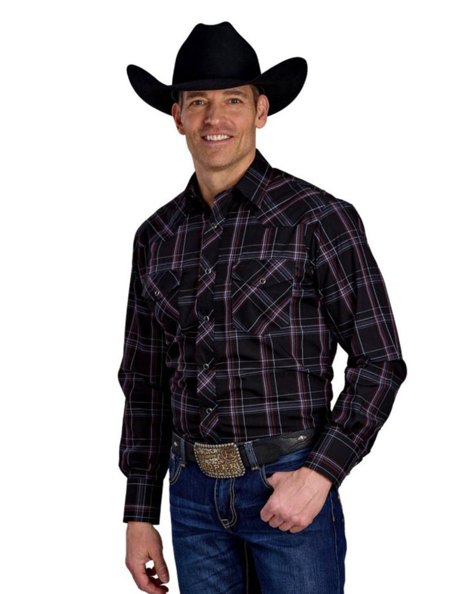 Roper Western Shirt Mens L/S Plaid Black Gray Red