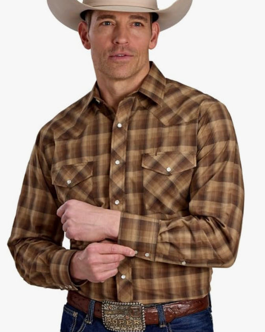 Western Shirt Mens L/S Plaid Brown Tan