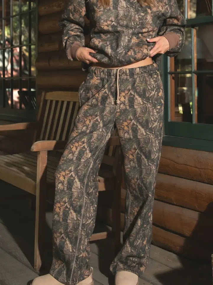 BAYOU Woodland Camo Lounge Fleece Wide Leg Sweatpants