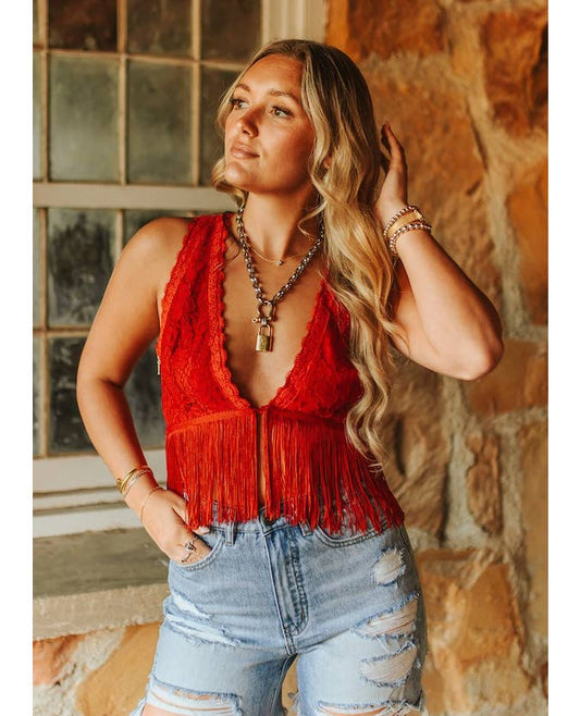 Red Hot Lace & Fringe Top