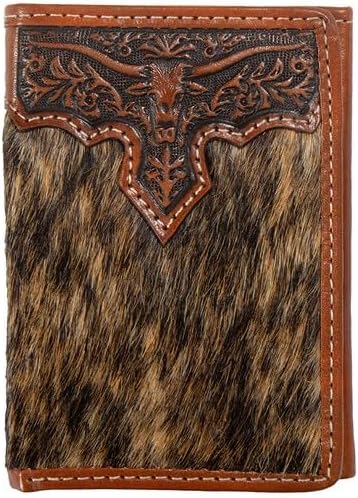 Nocona Western Wallet Mens Trifold Calf Hair Longhorn Brown
