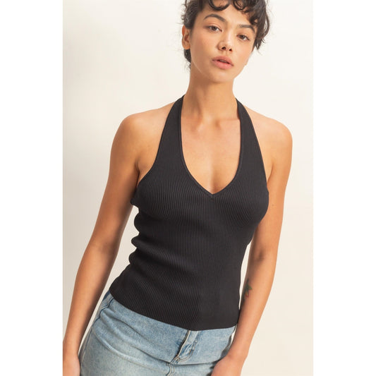 Tess Ribbed Halter Black Top
