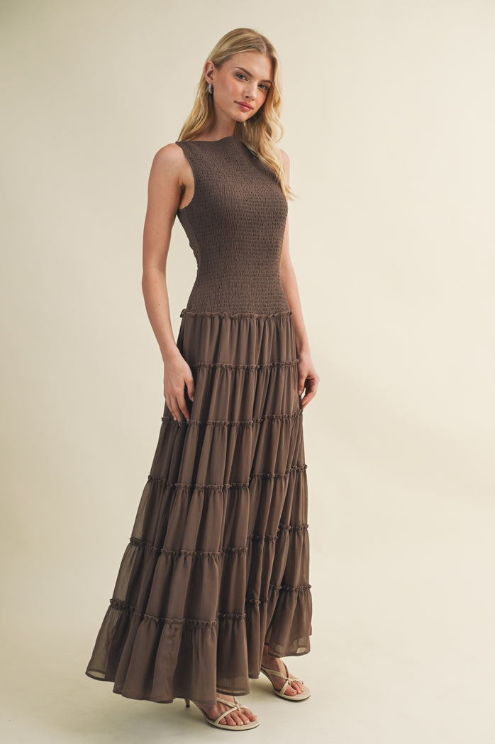 Boho Cocoa Chiffon Maxi Dress