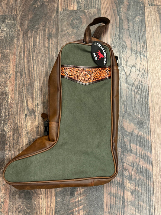 Green Canvas/Floral Tooled Leather Boot Bag