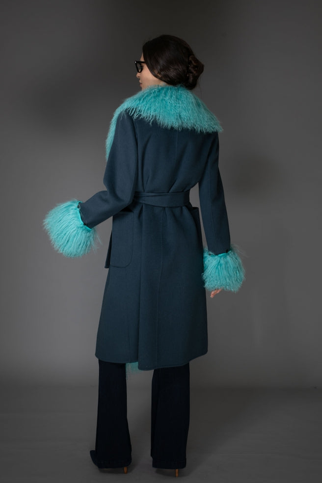 Turquoise Mongolian Wool Collar Cashmere Coat