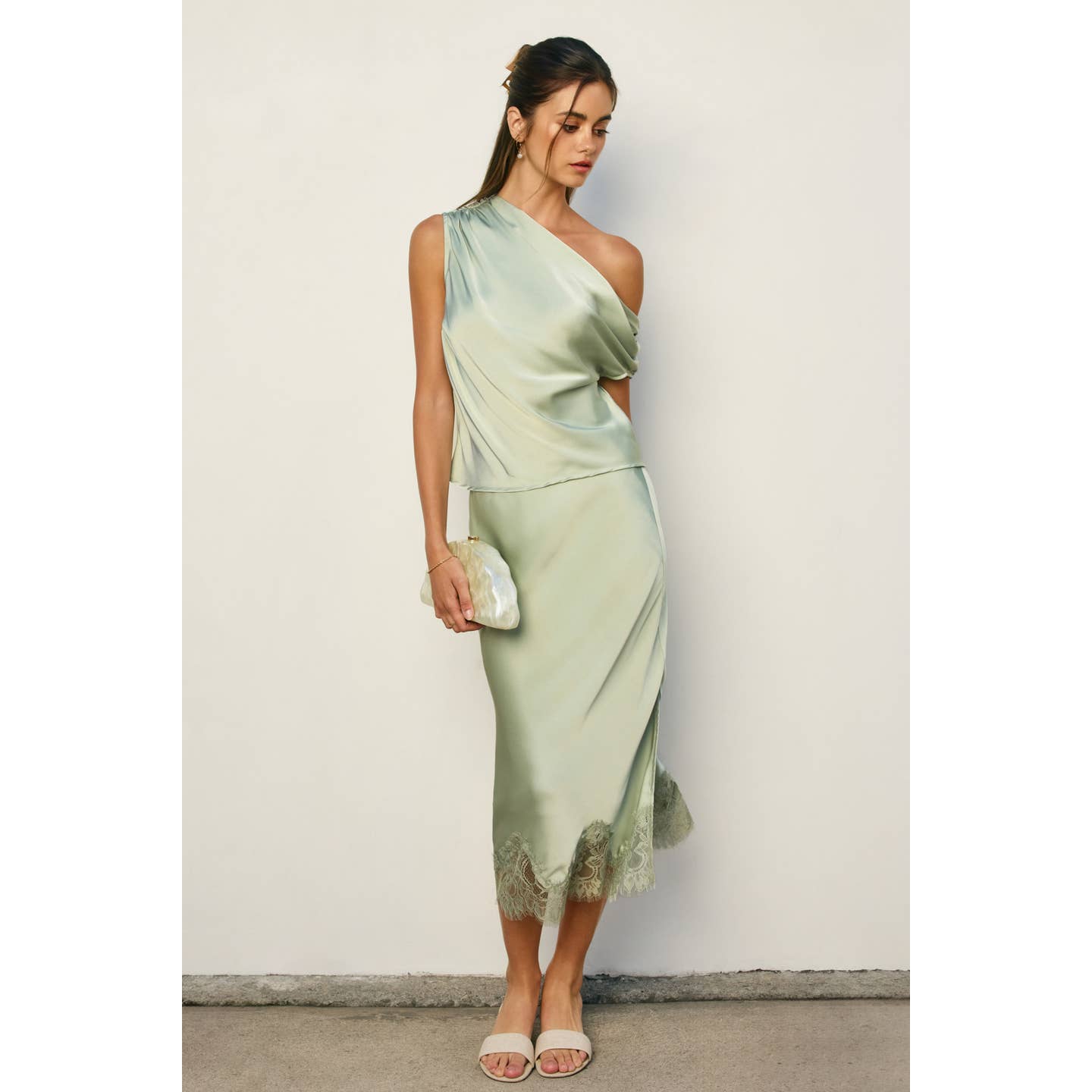 Sage Satin and Lace Pencil Skirt