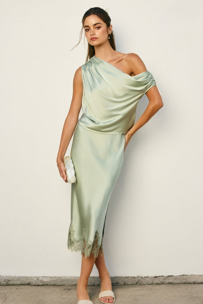 Sage Satin and Lace Pencil Skirt