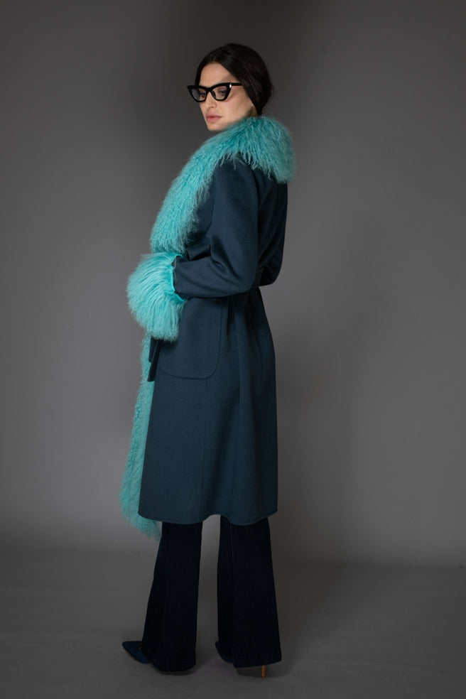 Turquoise Mongolian Wool Collar Cashmere Coat