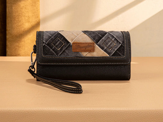 Wrangler Denim Woven Tri-Fold Wristlet/Wallet -Black