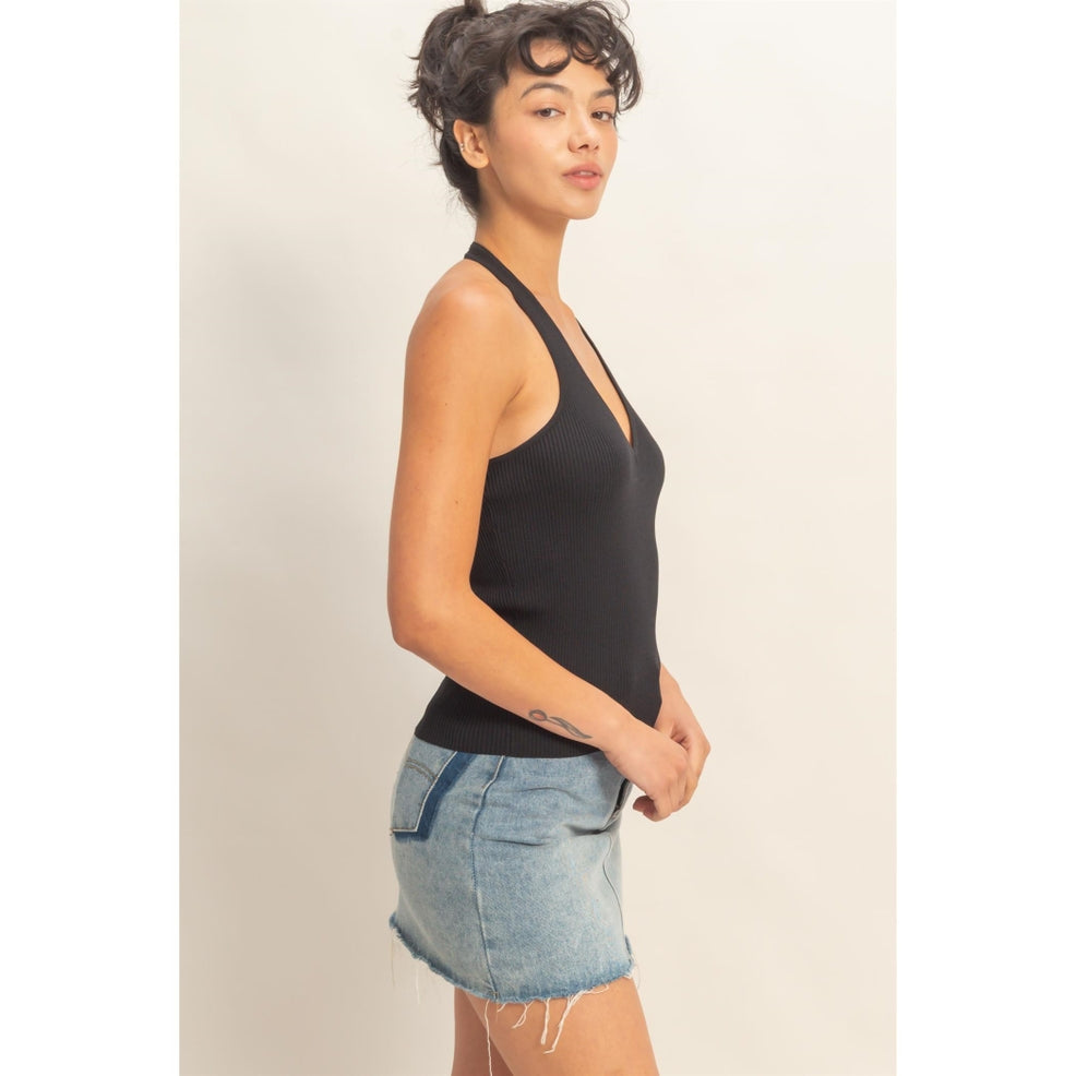 Tess Ribbed Halter Black Top