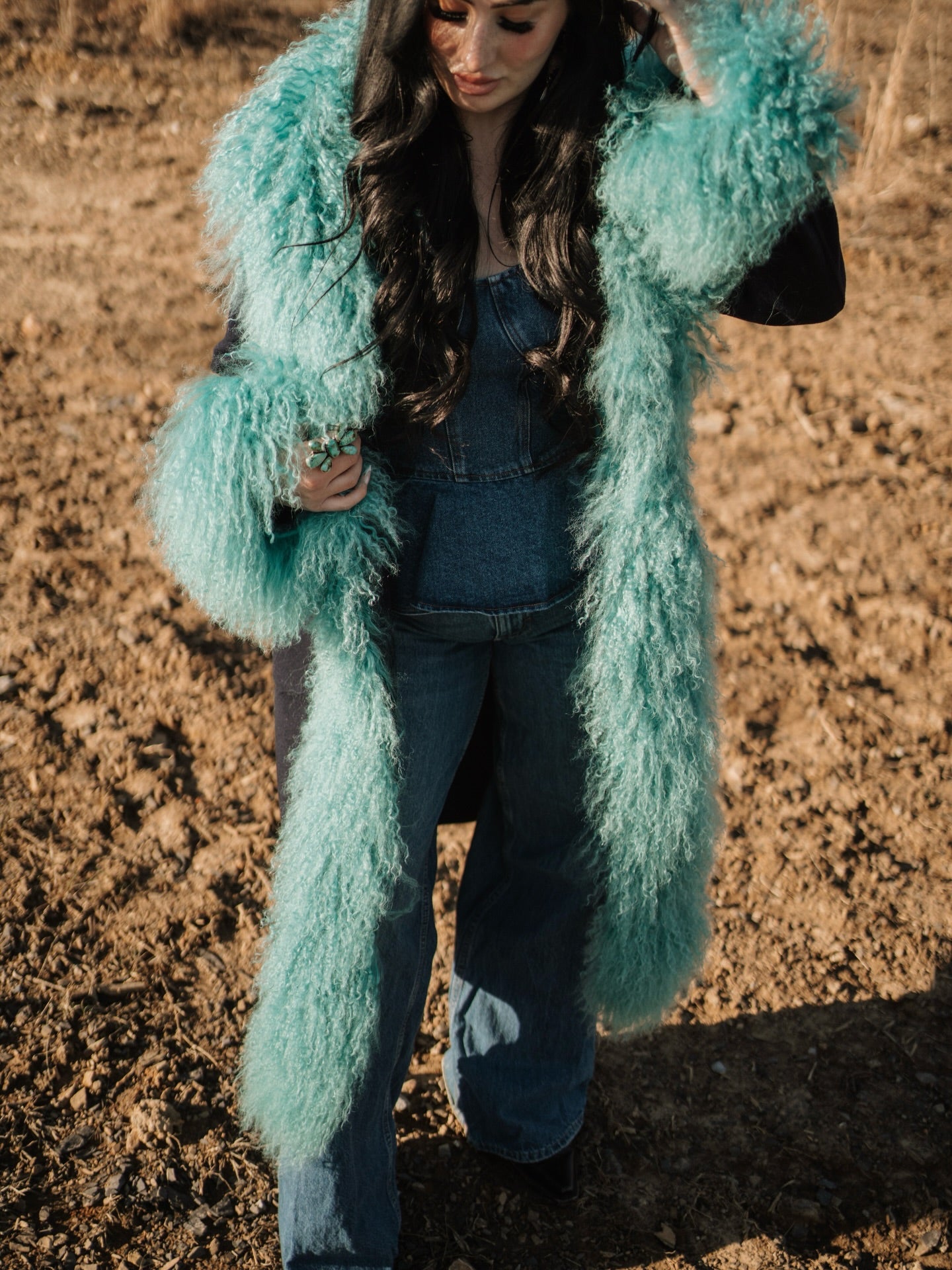 Turquoise Mongolian Wool Collar Cashmere Coat