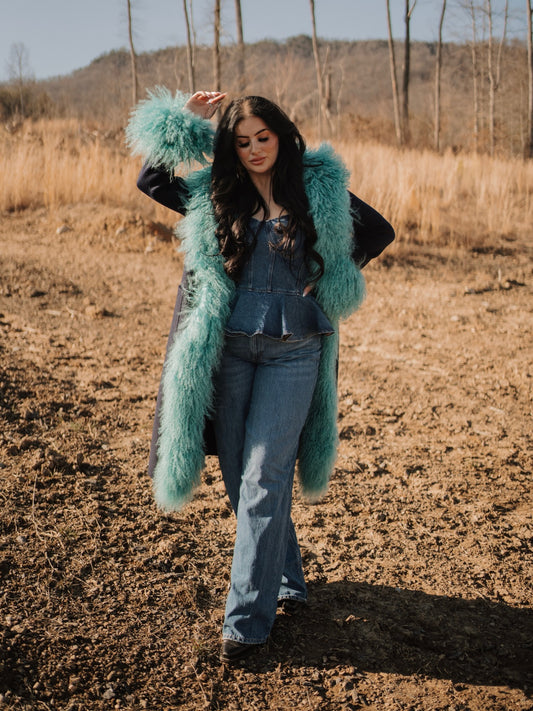 Turquoise Mongolian Wool Collar Cashmere Coat