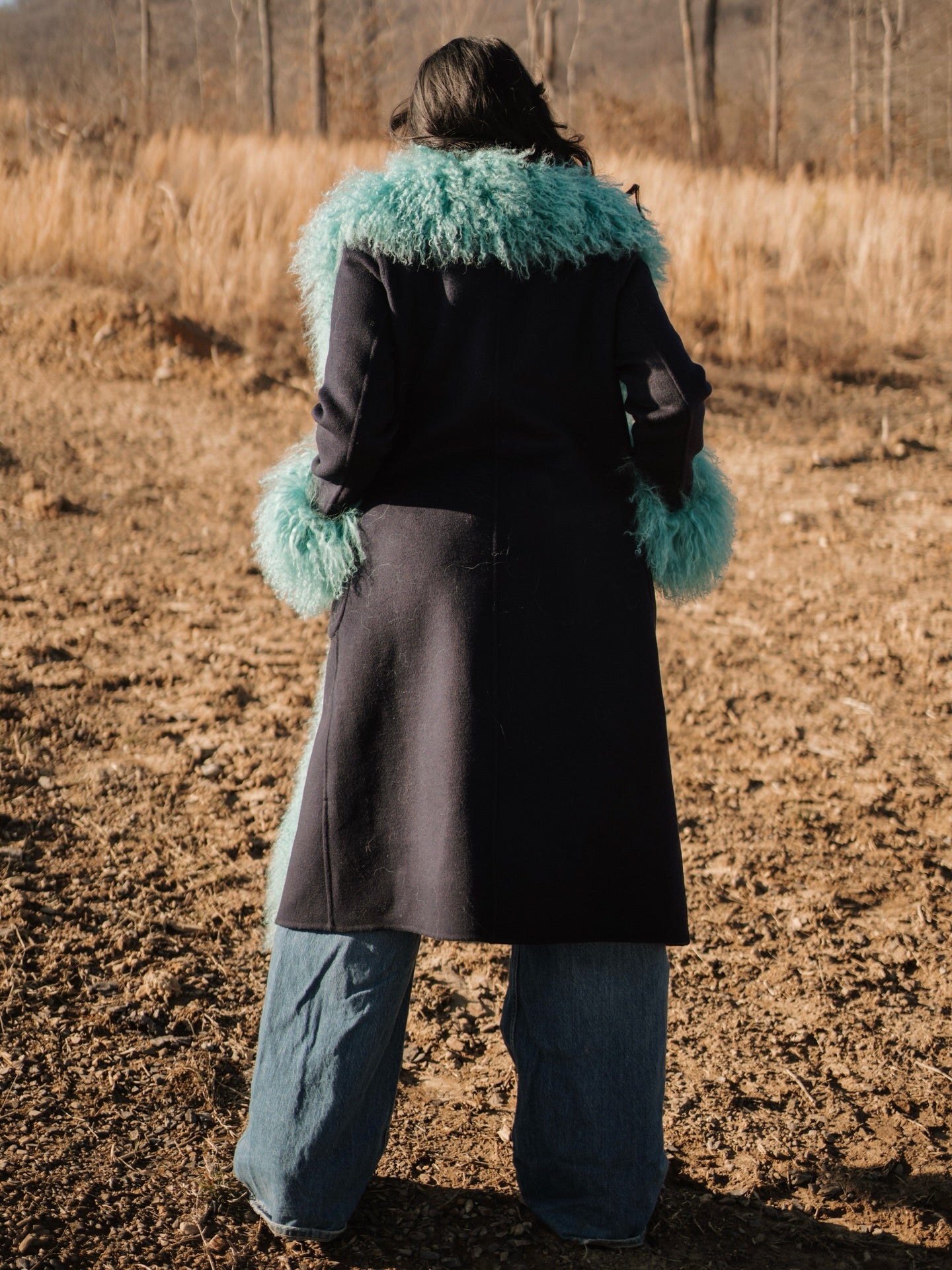 Turquoise Mongolian Wool Collar Cashmere Coat