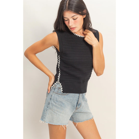 Black Eyelet Sleeveless Knit Top