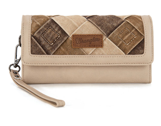 Wrangler Denim Woven Tri-Fold Wristlet/Wallet -Tan