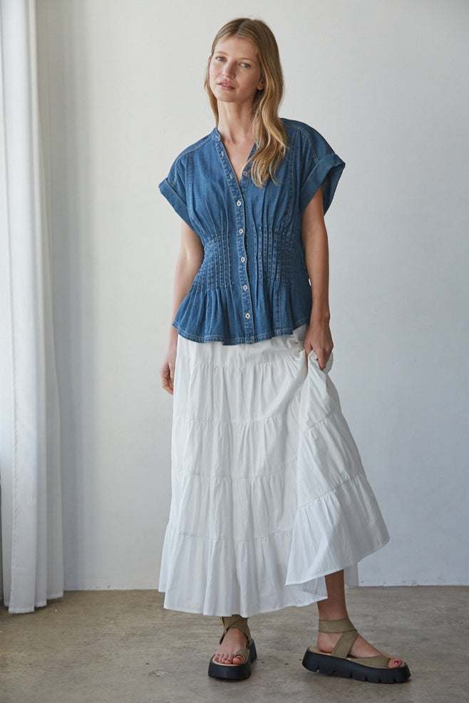Pintuck Denim Button Up