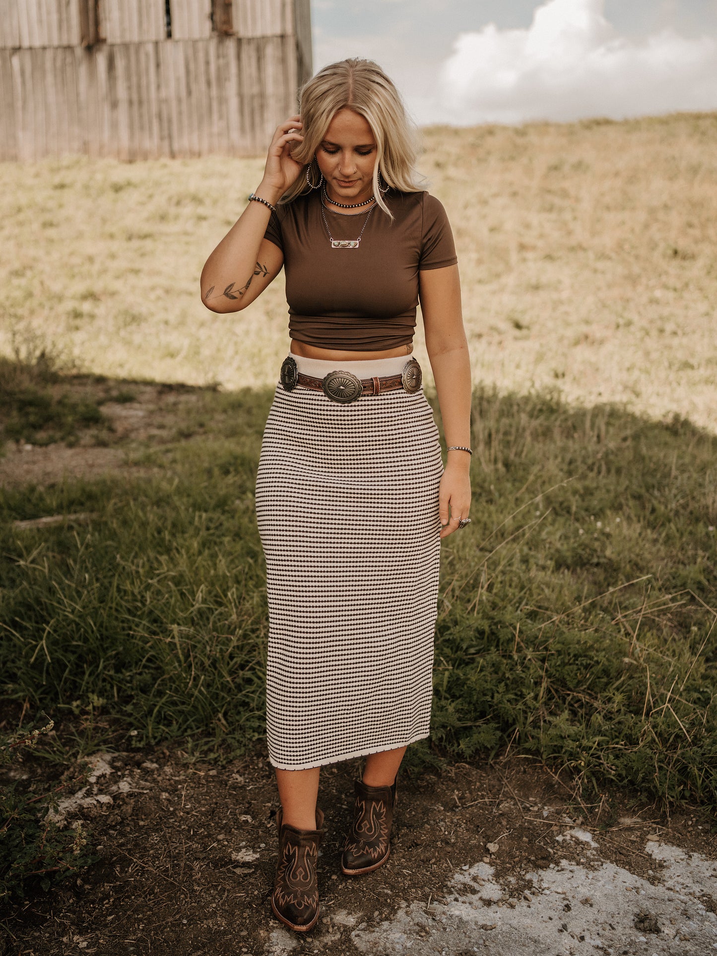 Stitch Detail Striped Sweater Midi Skirt