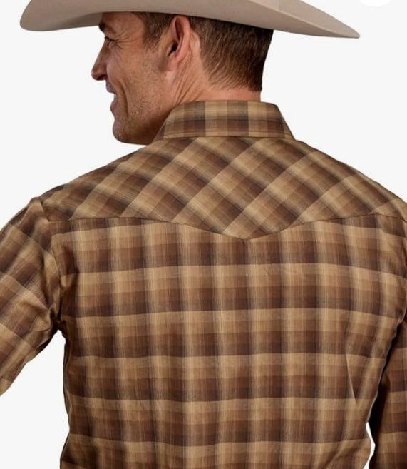 Western Shirt Mens L/S Plaid Brown Tan