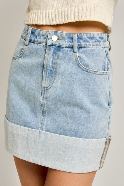 High Waisted Cuffed Hem Denim Mini Skirt