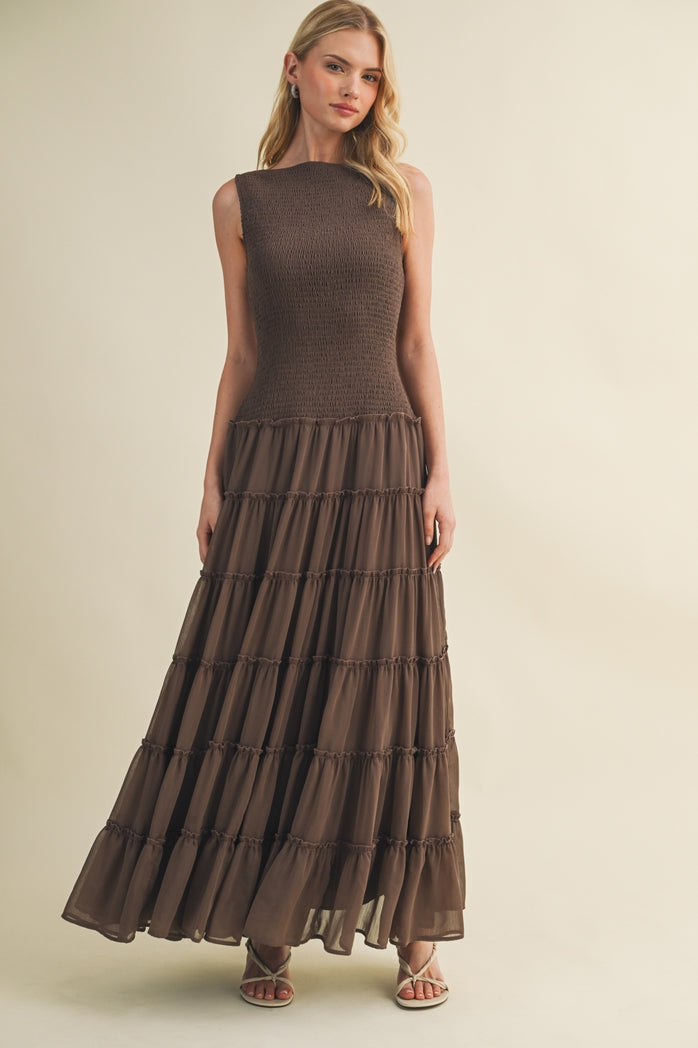 Boho Cocoa Chiffon Maxi Dress