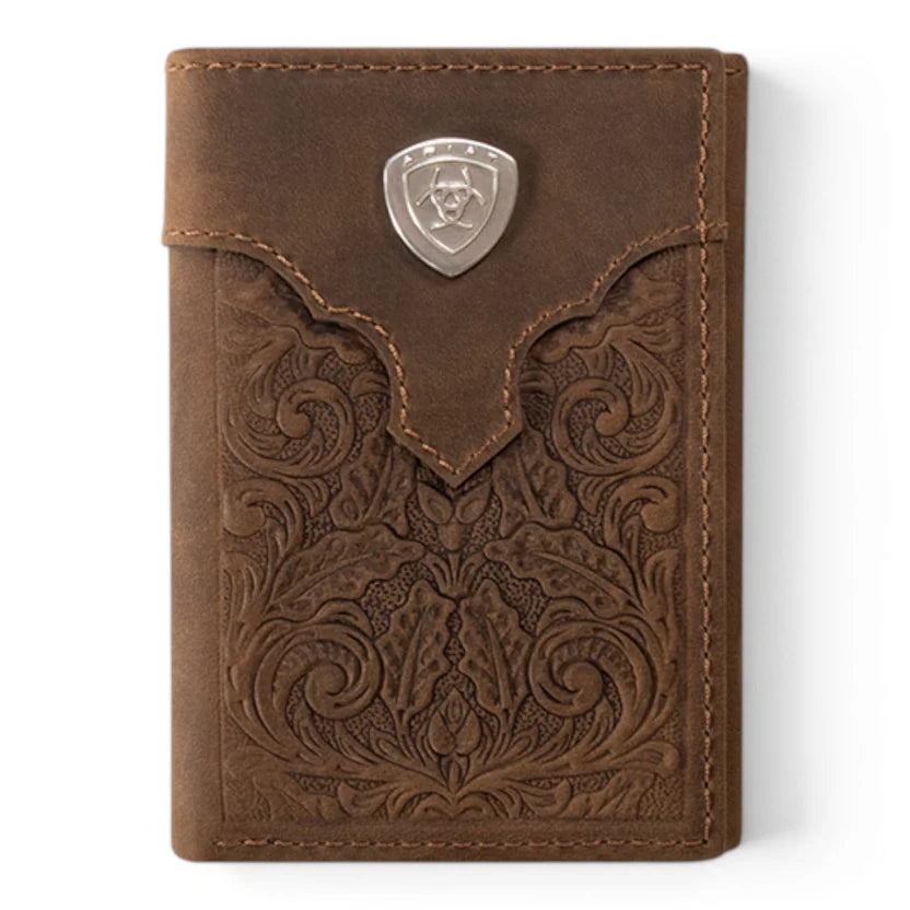 ARIAT TRIFOLD WALLET OVRLAY SCROLL EMBOSSED MEDIUM BROWN