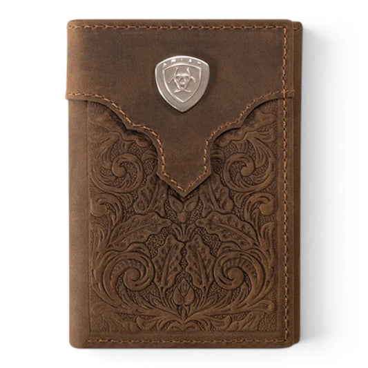 ARIAT TRIFOLD WALLET OVRLAY SCROLL EMBOSSED MEDIUM BROWN