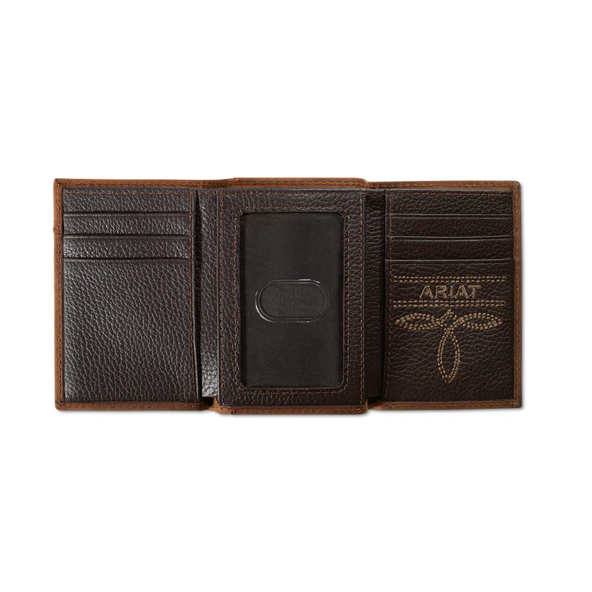 ARIAT TRIFOLD WALLET OVRLAY SCROLL EMBOSSED MEDIUM BROWN