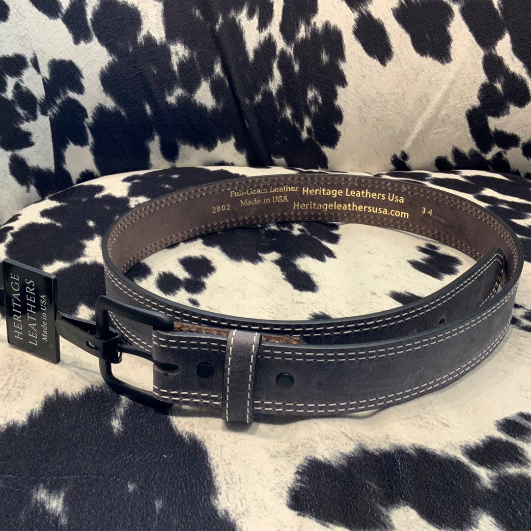 Gray Leather Belt With White Stiching