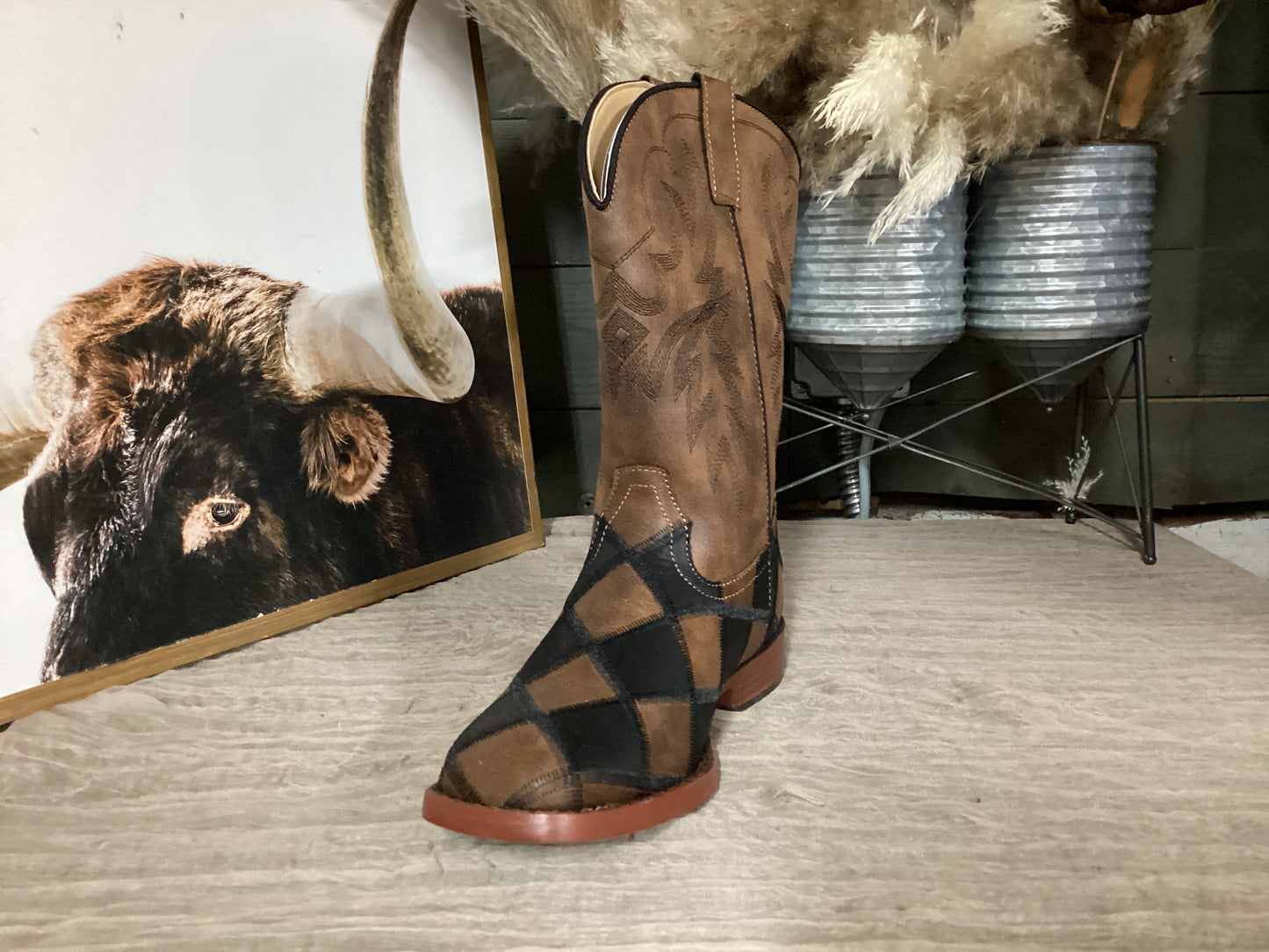 Big Kids Footwear Black/Tan Faux Leather Patchwork