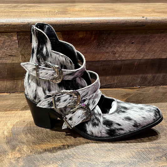Buckle up cowhide booties agave sky