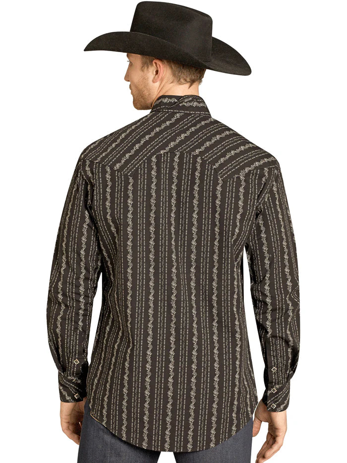 Rock & Roll Denim Mens Wallpaper Print Long Sleeve Snap Shirt Black