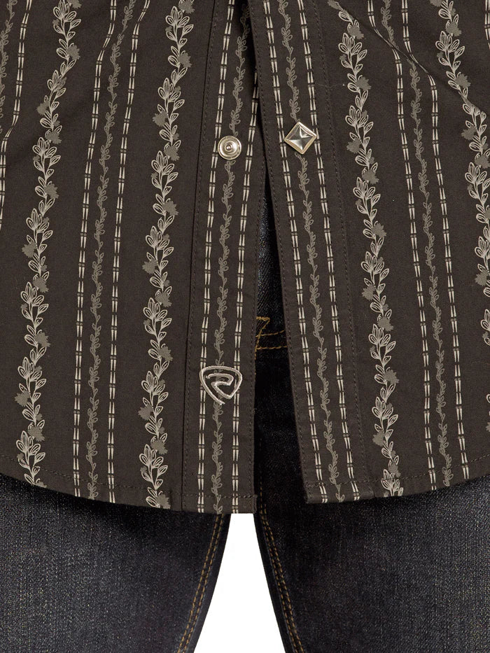 Rock & Roll Denim Mens Wallpaper Print Long Sleeve Snap Shirt Black