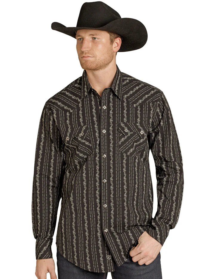 Rock & Roll Denim Mens Wallpaper Print Long Sleeve Snap Shirt Black