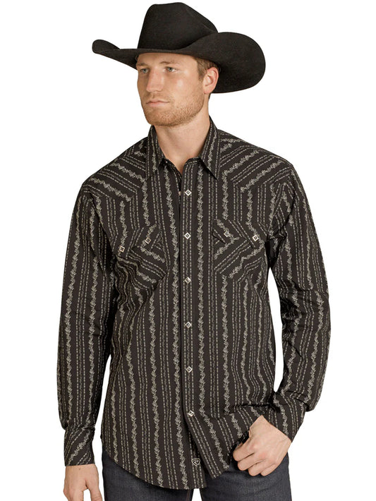 Rock & Roll Denim Mens Wallpaper Print Long Sleeve Snap Shirt Black