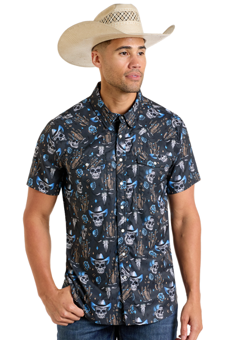 skull dress shirt Men's TEK Western Skull Short Sleeve Shirt M