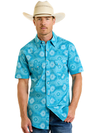 Teal Men's Aztec Print Short Sleeve Shirt