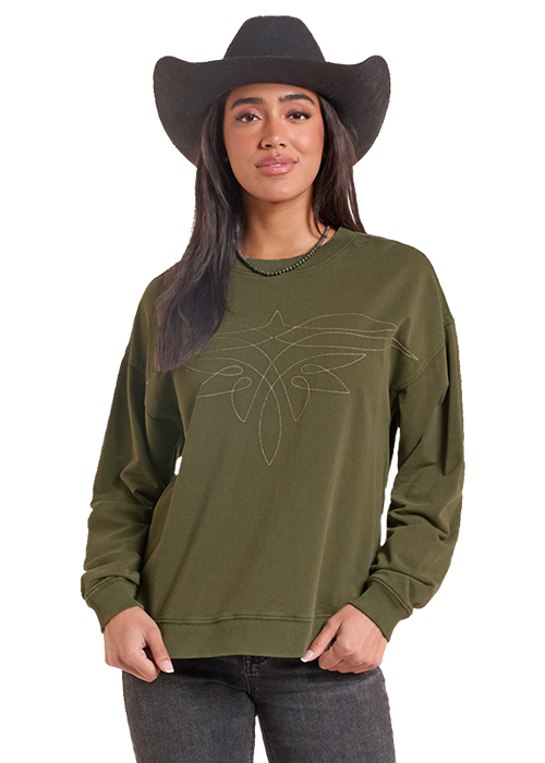 Olive Bootstitch Fleece Crew