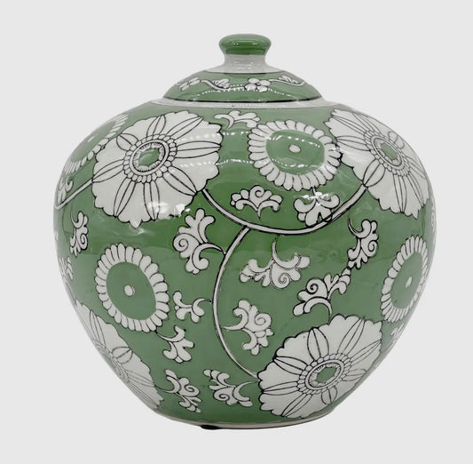Green and white floral ceramic ginger jar 8”
